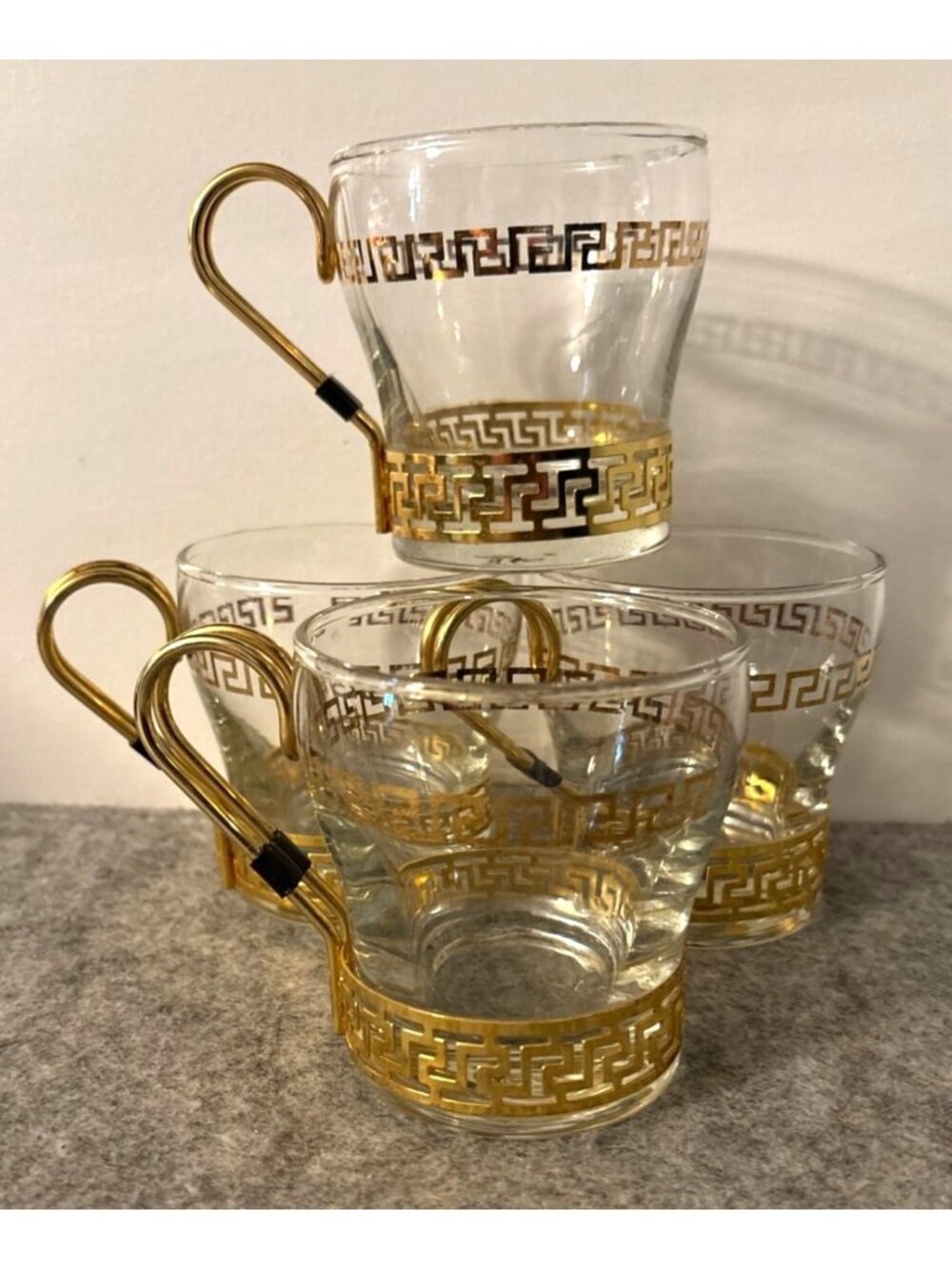 4 Libbey Vintage Continental Glass Coffee Cups w/ Greek Key Design  # 3404
